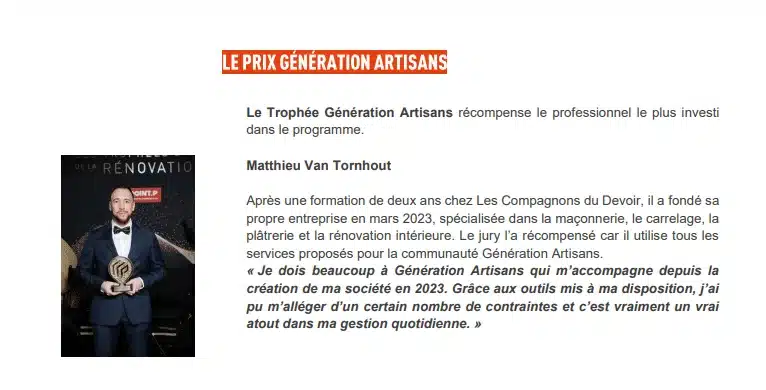 Article présentant Matthieu Van Tornhout, lauréat du prix Génération Artisans Point.P